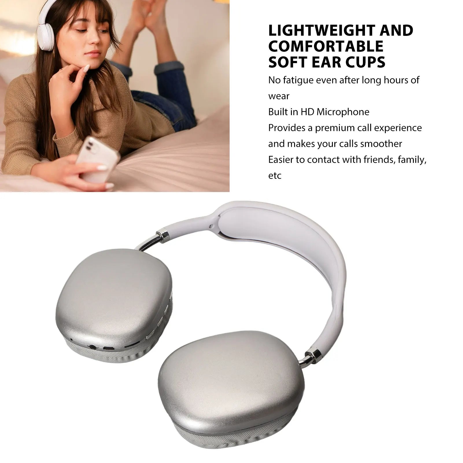 Bluetooth Headphone HiFi  Bass Built in Mic Support Memory Card Wireless Headset for Running Travel White Sports Headphone