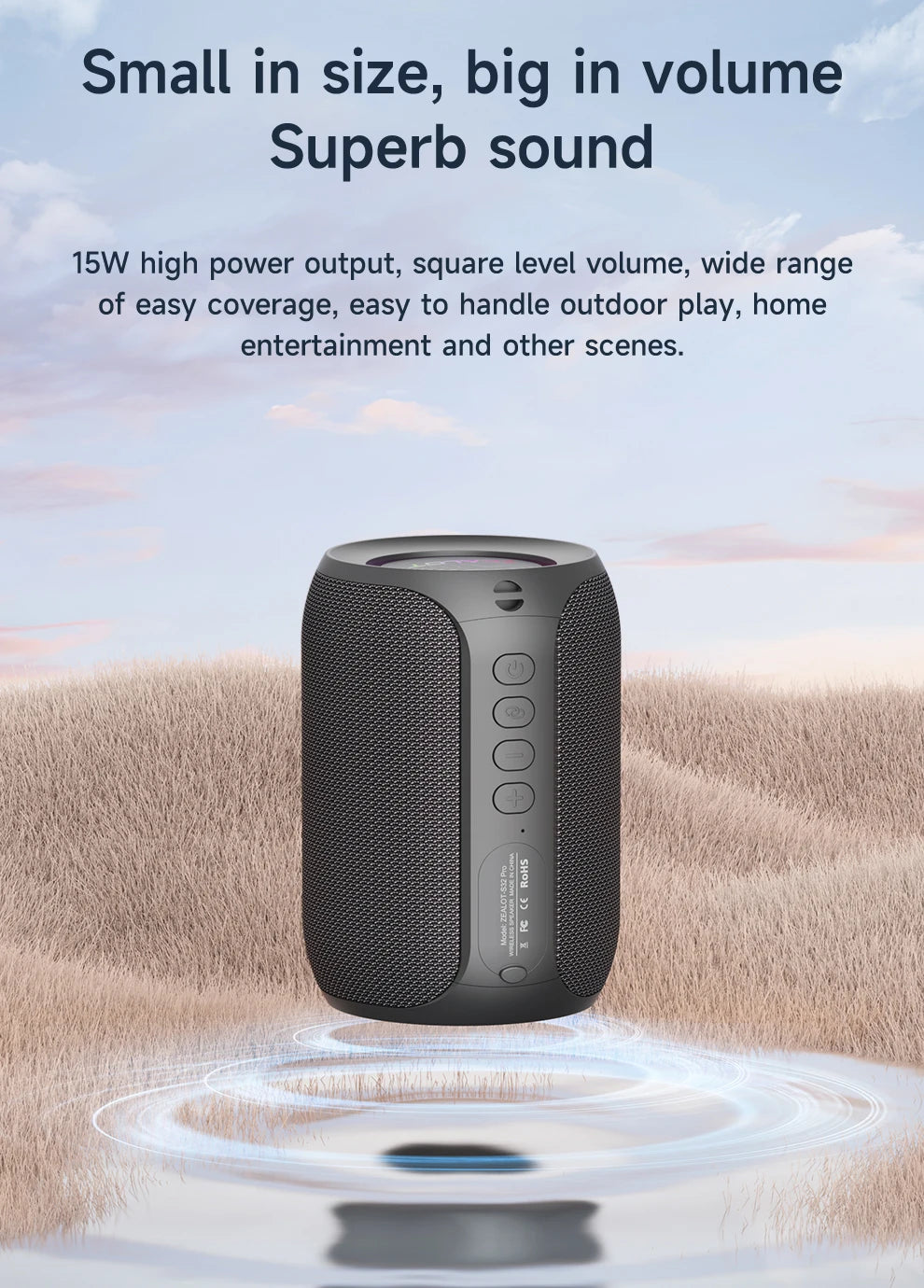 ZEALOT S32PRO 15W Portable Bluetooth 5.2 Speaker Outdoor Waterproof Wireless TWS Mini Column Box Speaker Outdoor TF Card