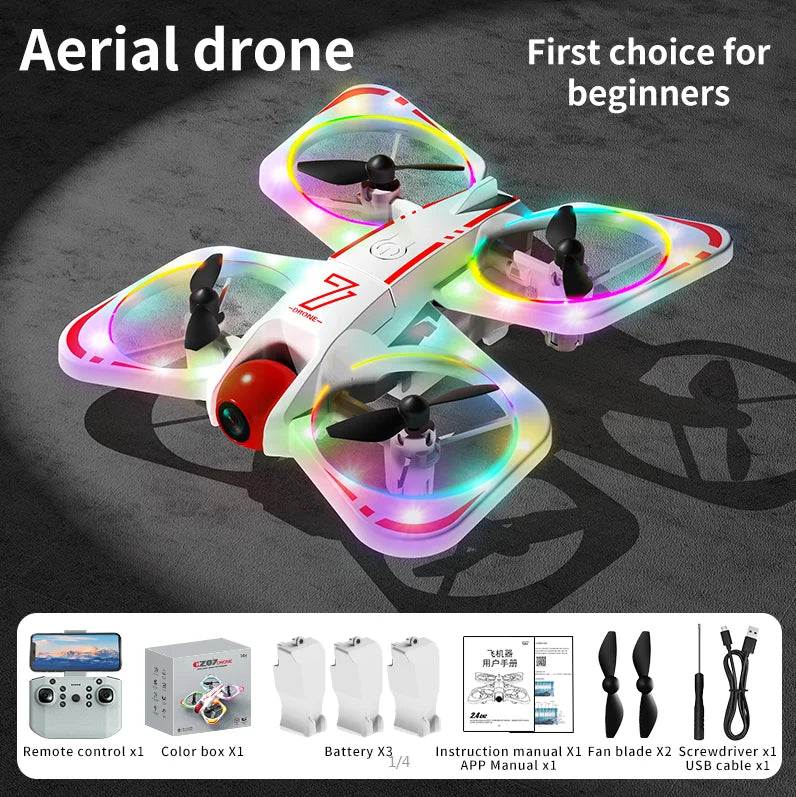 CZ06 Mini Drone for Kids - Rotating Colorful Light RC Quadcopter Aircraft 4K Camera UFO Shape Airplane Toy Gift