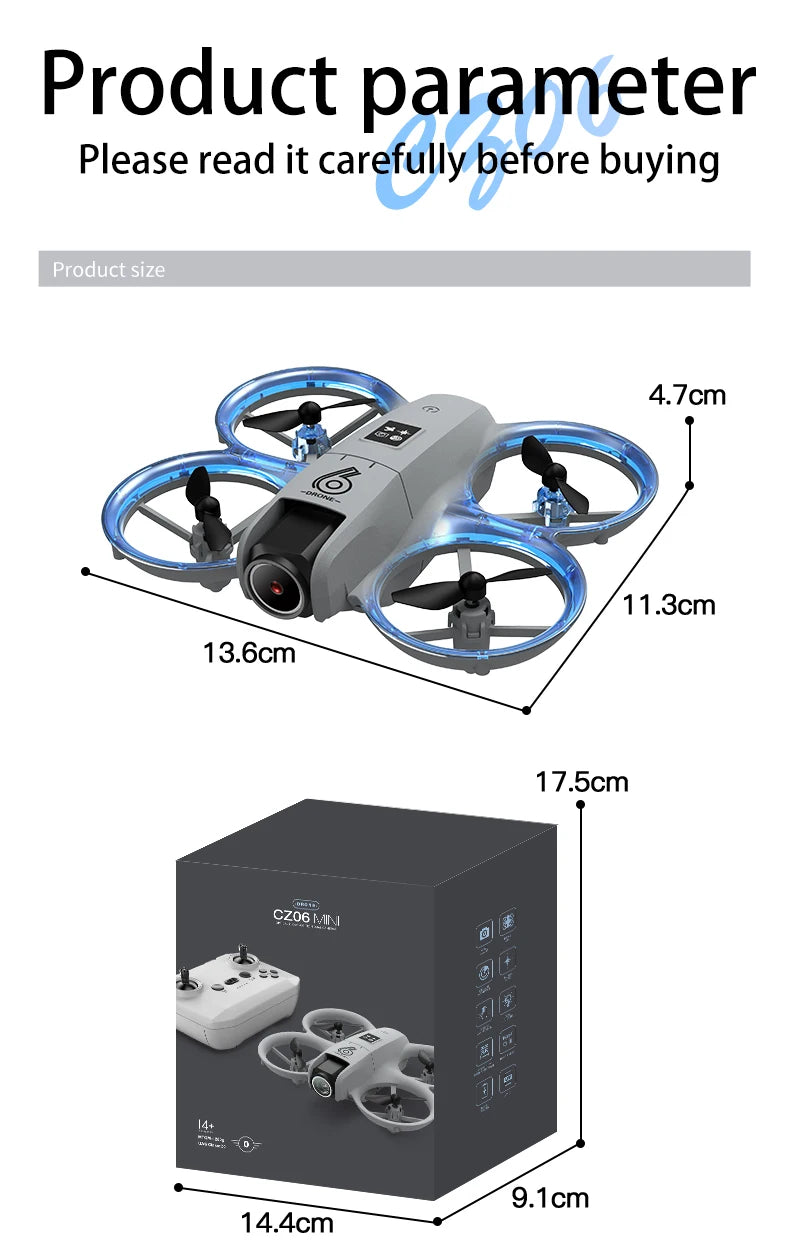 CZ06 Mini Drone for Kids - Rotating Colorful Light RC Quadcopter Aircraft 4K Camera UFO Shape Airplane Toy Gift