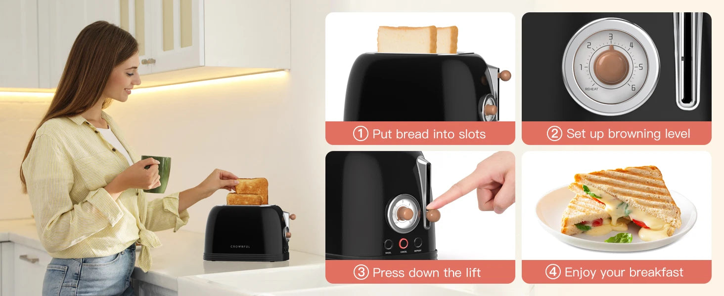 Crownful 2 Slices Bread Toaster for Sandwiches Waffles Extra Wide Slot Toasters Electric Kitchen Double Oven 120V Mini Toaster