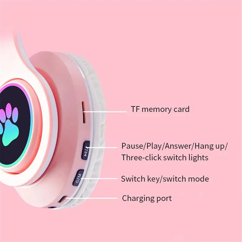P47M Wireless Headphone Flash Light Cute Cat Bluetooth with Mic Control LED Stereo Music Helmet Phone Bluetooth Headset Gift