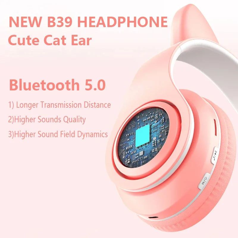 P47M Wireless Headphone Flash Light Cute Cat Bluetooth with Mic Control LED Stereo Music Helmet Phone Bluetooth Headset Gift