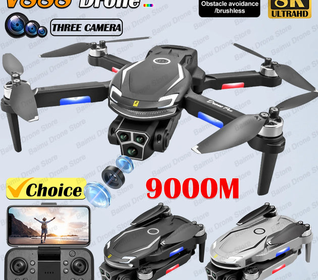 New V888 Brushless Drone 8K Professional HD Triple Camera Obstacle Avoidance No GPS Optical Flow Positioning RC Quadcopter Toys