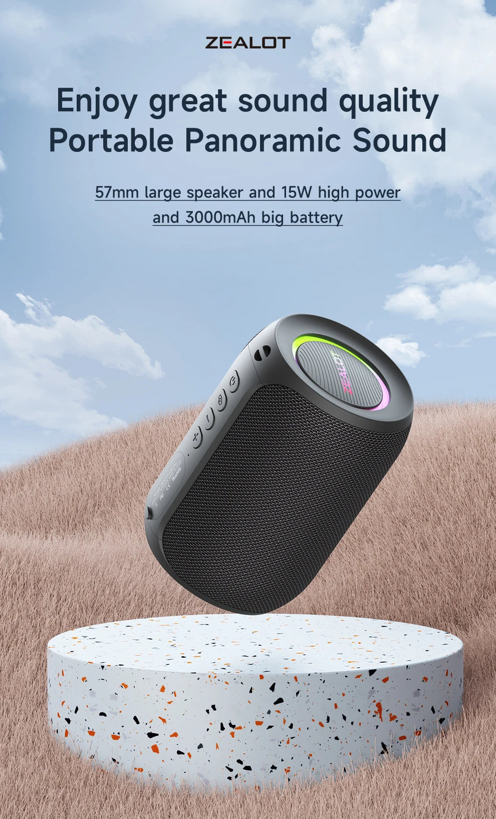 ZEALOT S32PRO 15W Portable Bluetooth 5.2 Speaker Outdoor Waterproof Wireless TWS Mini Column Box Speaker Outdoor TF Card