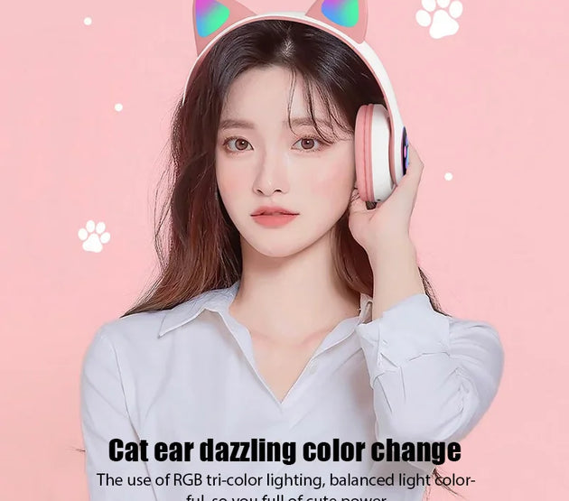 P47M Wireless Headphone Flash Light Cute Cat Bluetooth with Mic Control LED Stereo Music Helmet Phone Bluetooth Headset Gift