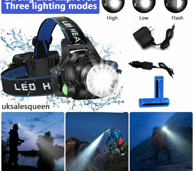 990000LM Rechargeable LED Headlamp Zoomable Torch Tactical Headlight Flashlight